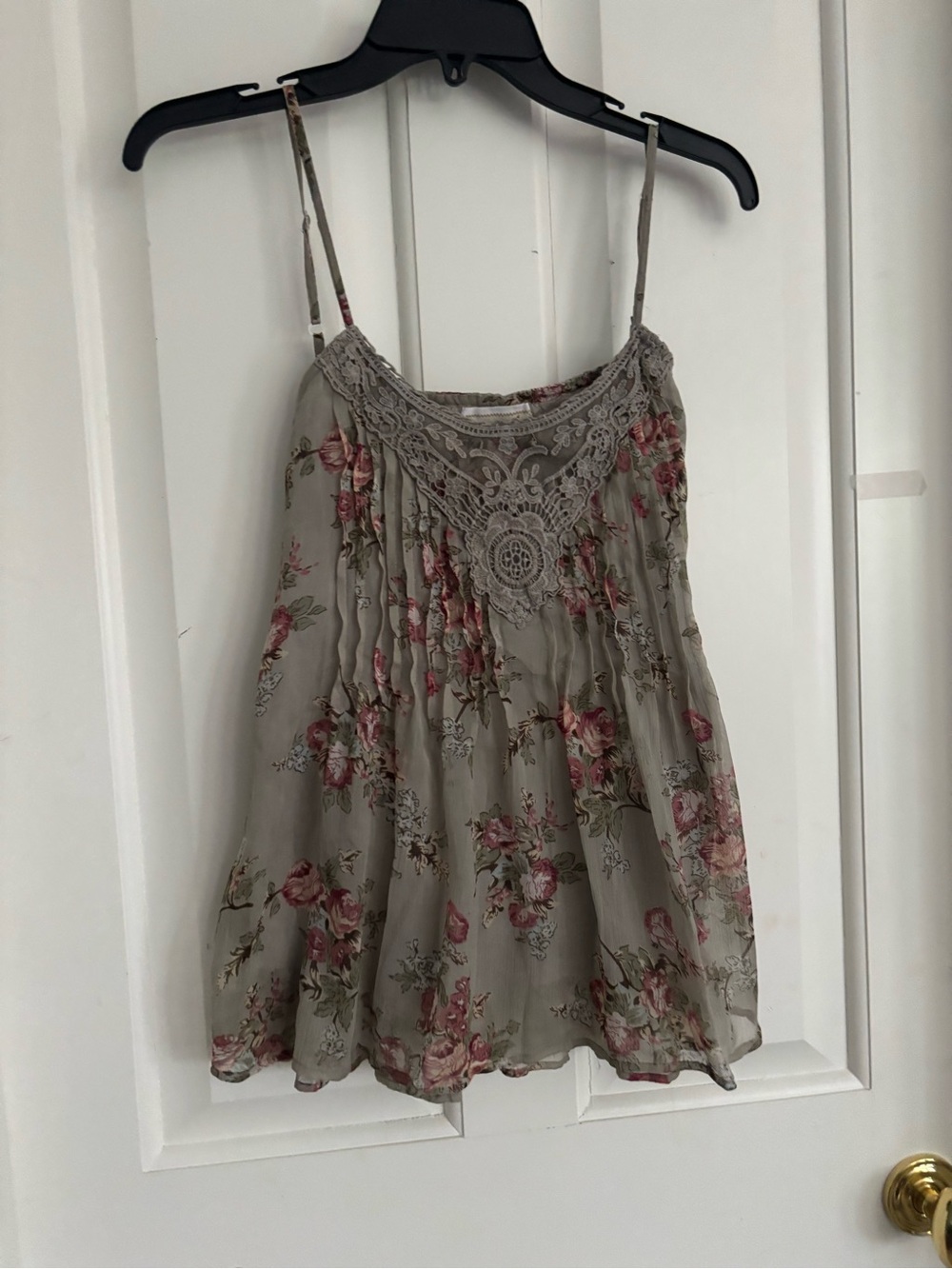 Passport Taupe Floral Crochet Yoke Spaghetti Strap Camisole pastel green